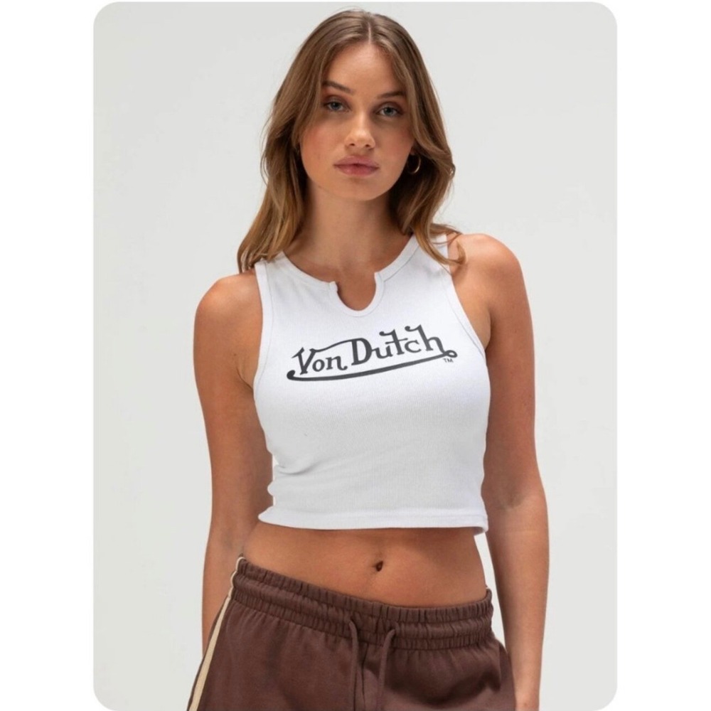 Von Dutch Tank Top Small White Ribbed Notched Neck Logo Crop Y2K Streetwear
